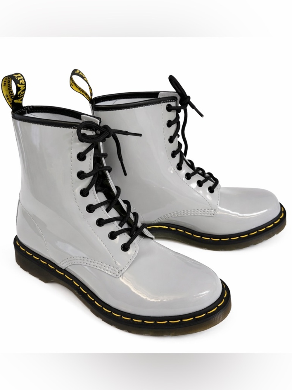 NWOT grey patent leather Dr. Martens Airwair combat boots- 10